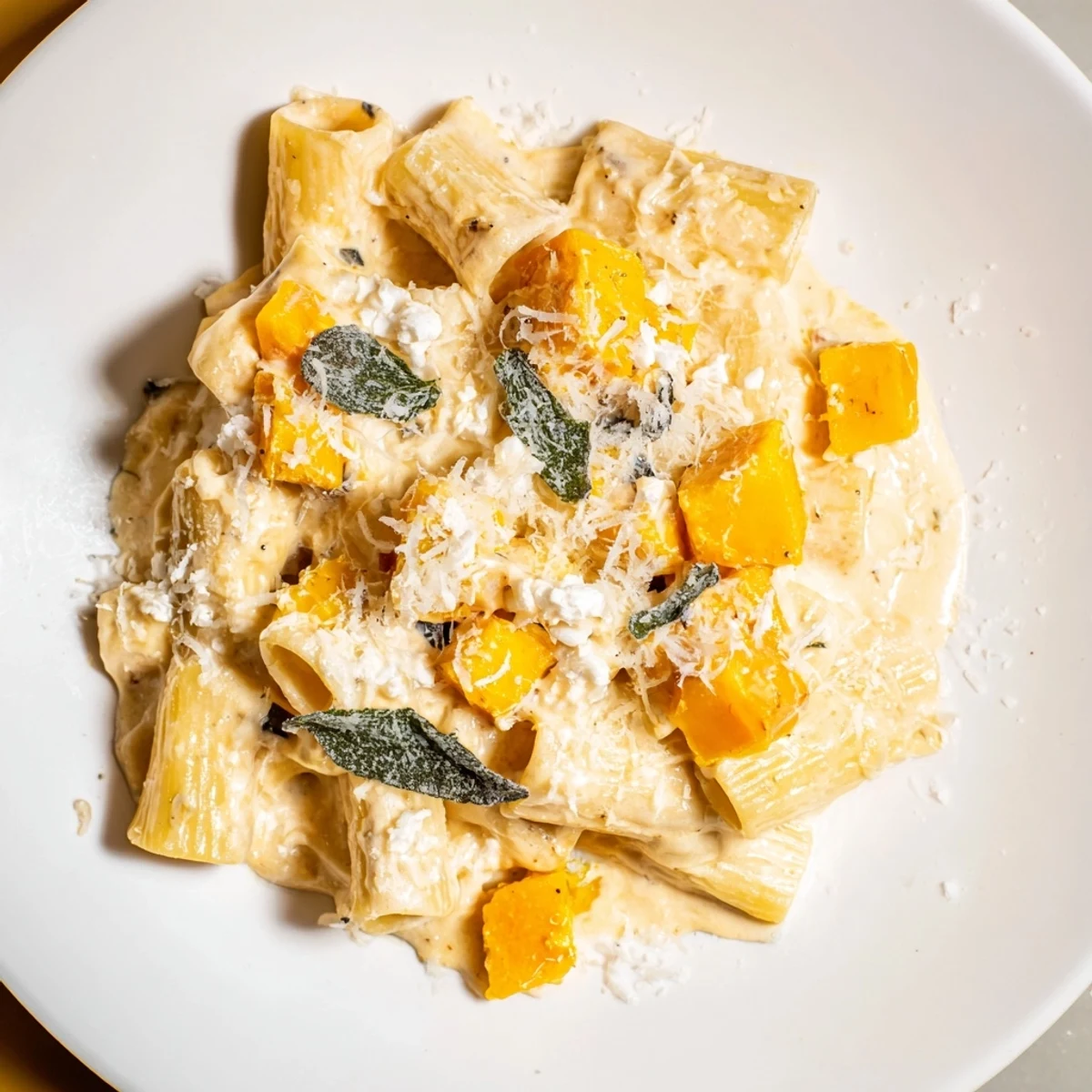 A close-up of creamy Roasted Butternut Squash and Sage Goat Cheese Pasta, garnished with crispy sage.