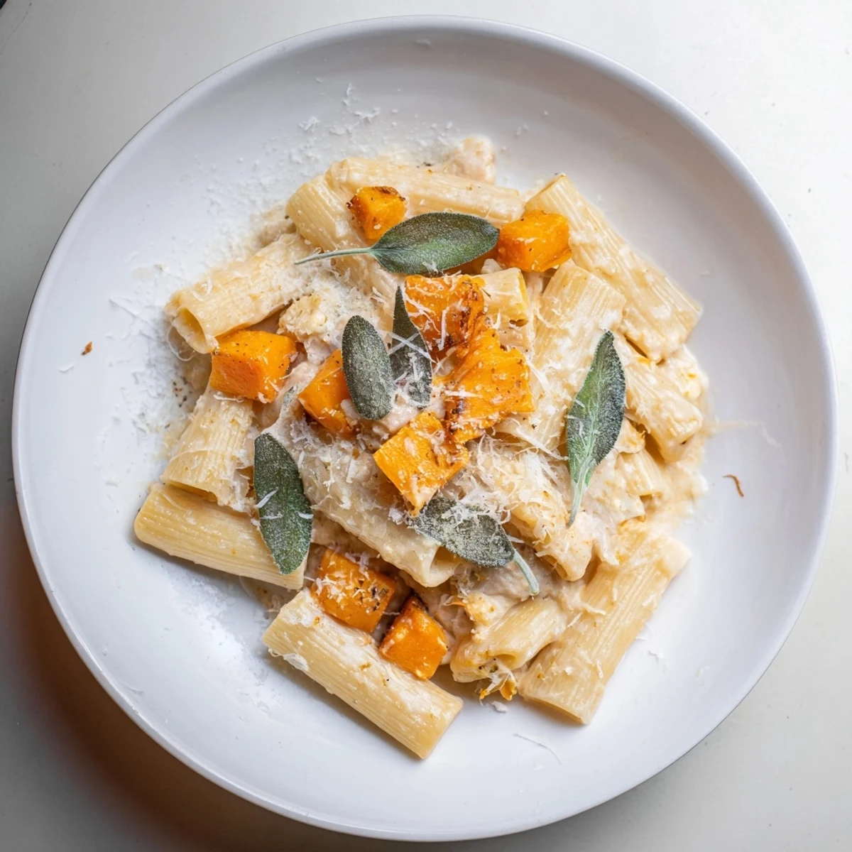 Deliciously plated Roasted Butternut Squash and Sage Goat Cheese Pasta, a comforting vegetarian meal perfect for fall.
