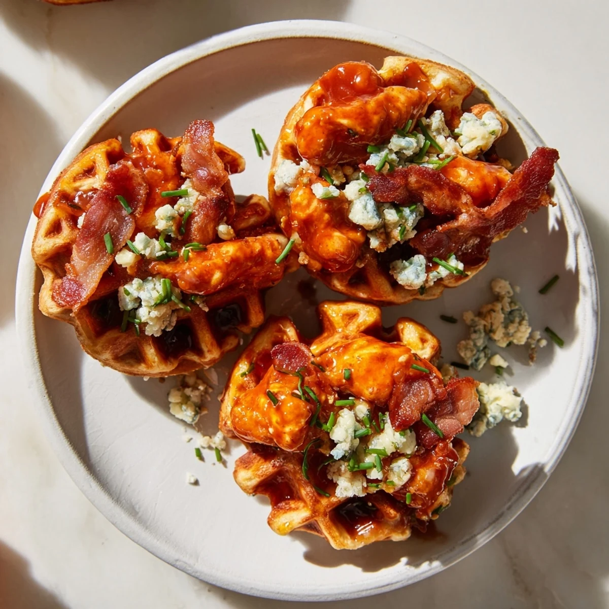 Golden, crispy buffalo chicken and bacon waffle bites, drizzled with creamy ranch, are ready to eat.