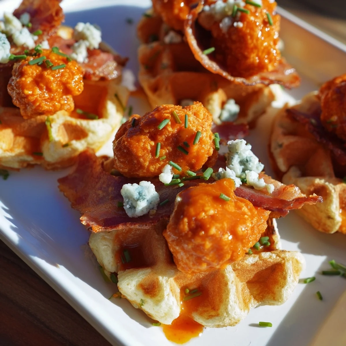Spicy buffalo chicken meets smoky bacon on fluffy waffles in this tempting, savory bite.