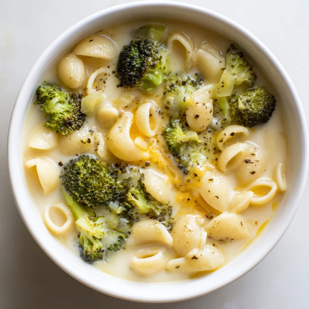 Steaming bowl of One-Pot Broccoli Cheddar Ditalini Soup, rich with melted cheese and tender broccoli florets.