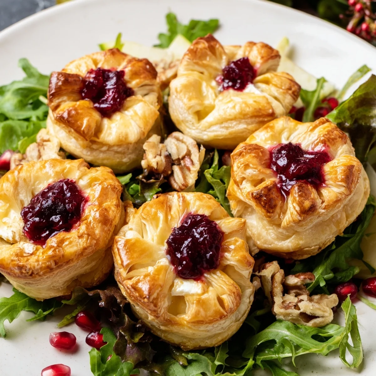 Golden, flaky Cranberry and Brie Flower Bites, warm and bubbly, ready atop fresh greens with pear slices.