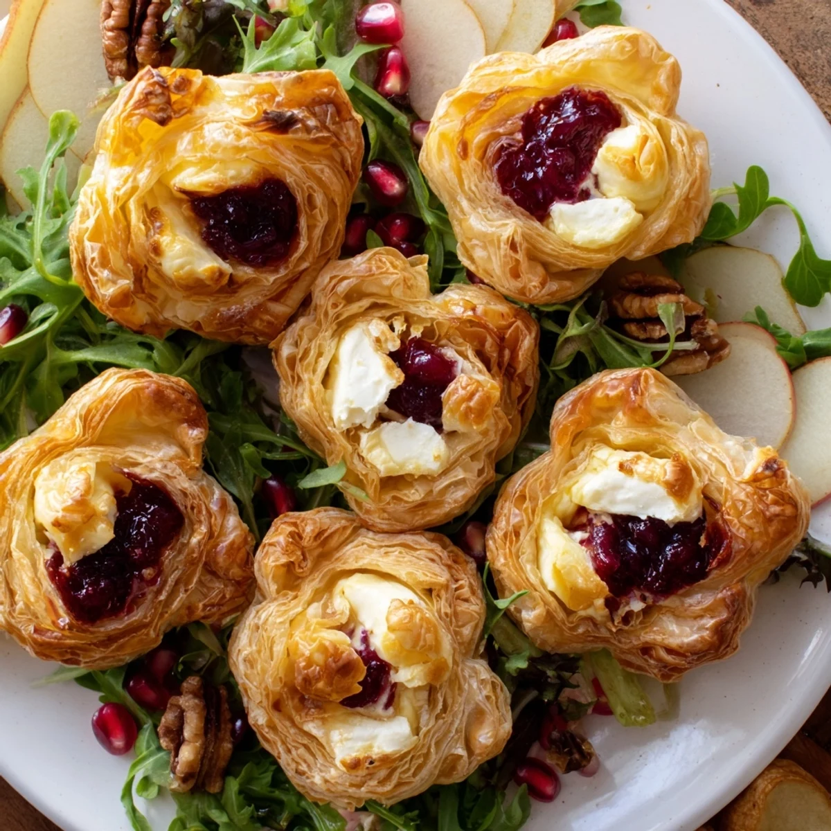 Vibrant photo showing puffed Cranberry and Brie Flower Bites, perfect for a celebratory appetizer on a bed of salad.