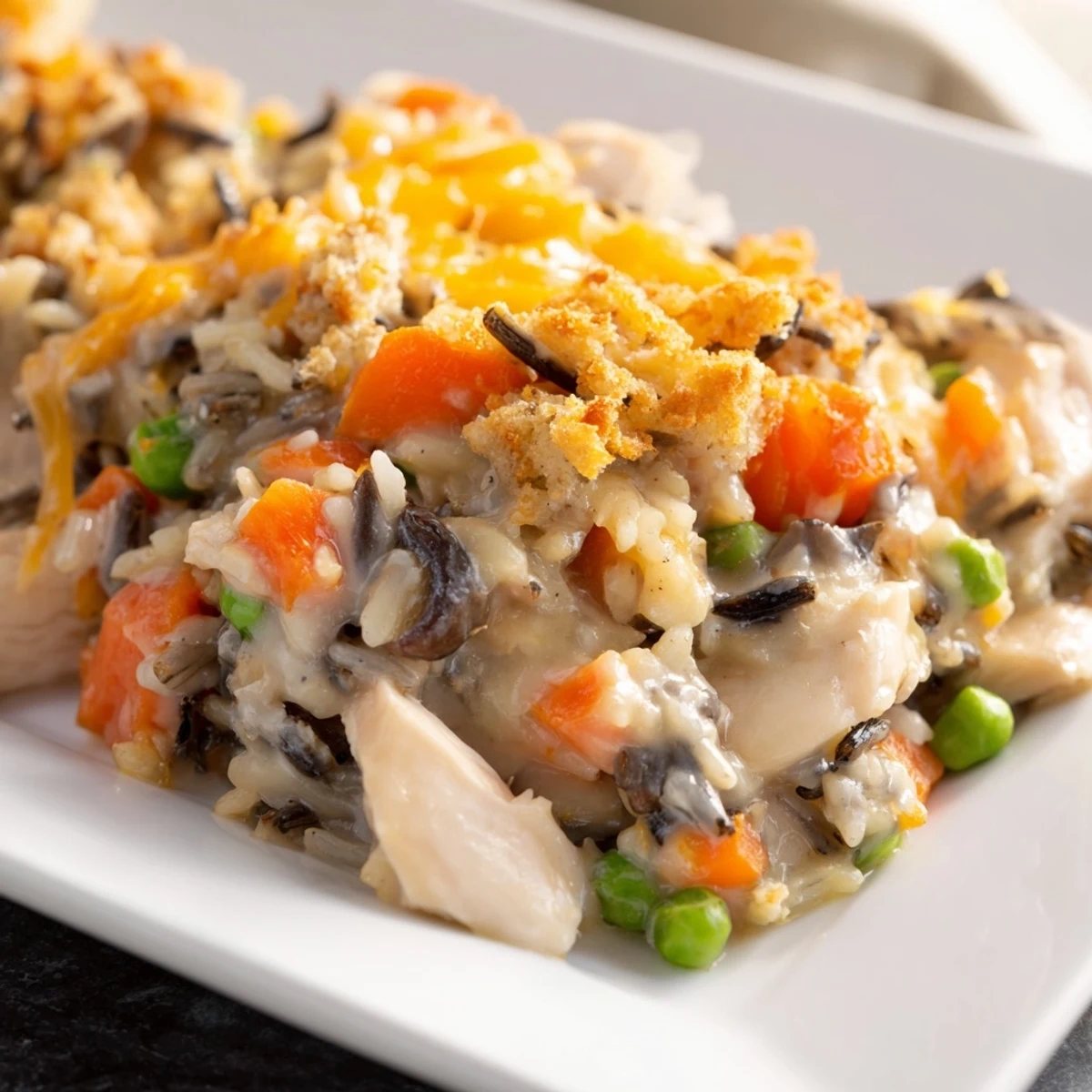 Close-up shot of the Chicken and Wild Rice Bake, showcasing tender chicken and wild rice textures.
