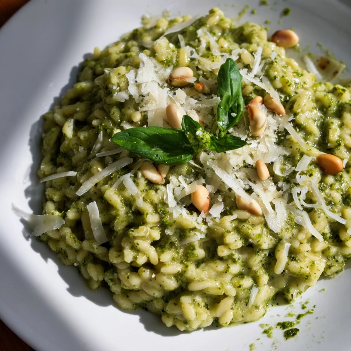 Steaming, vibrant 15-Minute Creamy Pesto Risoni, garnished with fresh basil and toasted pine nuts, looks delicious.