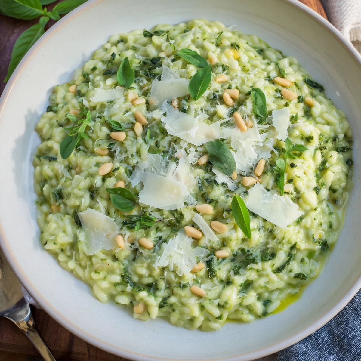 Enjoy a bowl of the quick 15-Minute Creamy Pesto Risoni; a flavorful and easy Italian vegetarian dinner.