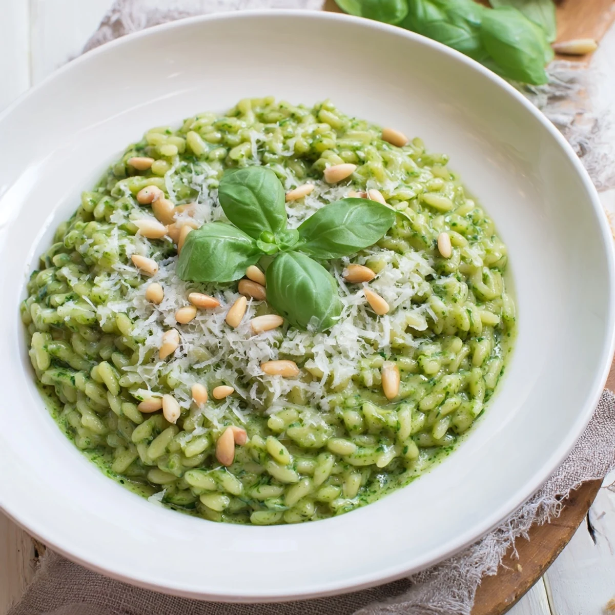 A close-up of finished 15-Minute Creamy Pesto Risoni, creamy and cheesy pesto sauce coating the orzo pasta.