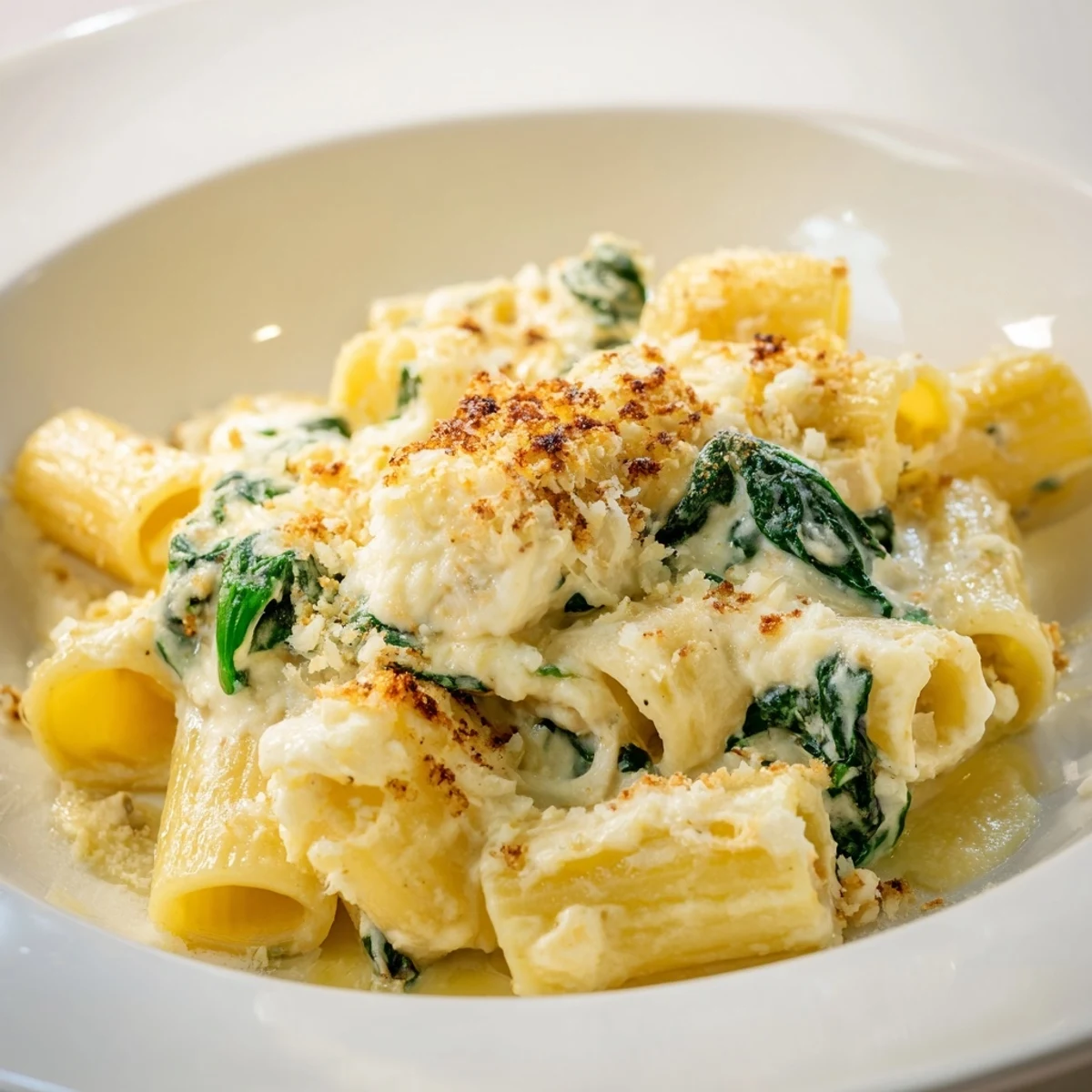Golden, bubbly Whipped Ricotta & Spinach Baked Pasta, a cheesy delight with tender spinach throughout.