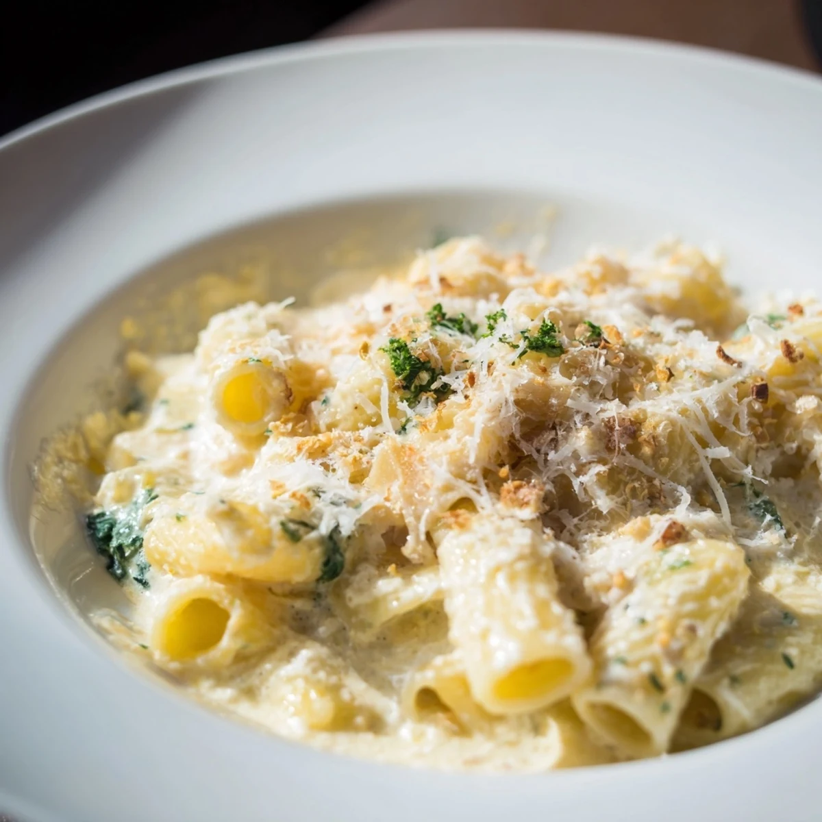 A close-up view of creamy Whipped Ricotta & Spinach Baked Pasta, topped with melted mozzarella and Parmesan.