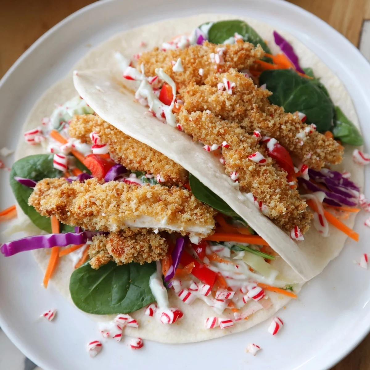 Crispy Candy Cane Crunch Chicken Veggie Wrap, filled with colorful vegetables, ready to eat.