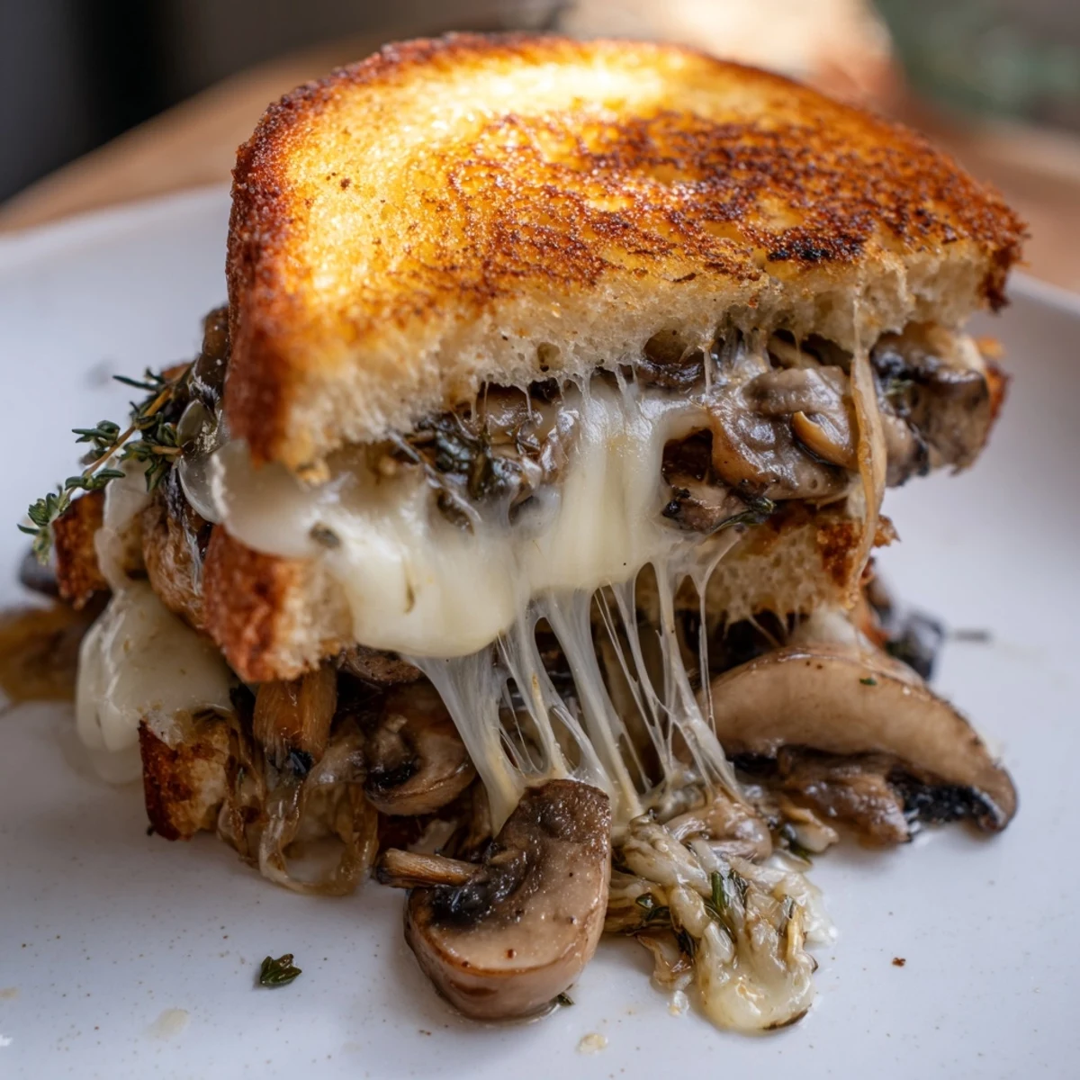 Golden, melty Roast Garlic Mushroom & Thyme Grilled Cheese, oozing with cheese and mushrooms, ready to serve.