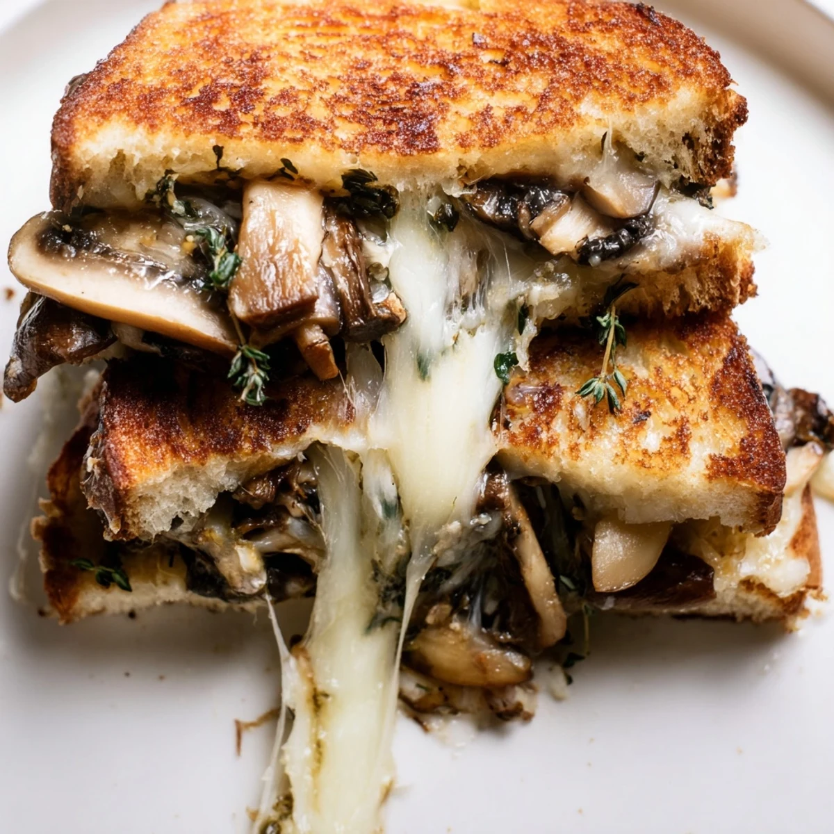 A close-up of a perfectly toasted Roast Garlic Mushroom & Thyme Grilled Cheese, showcasing its gooey cheese pull.
