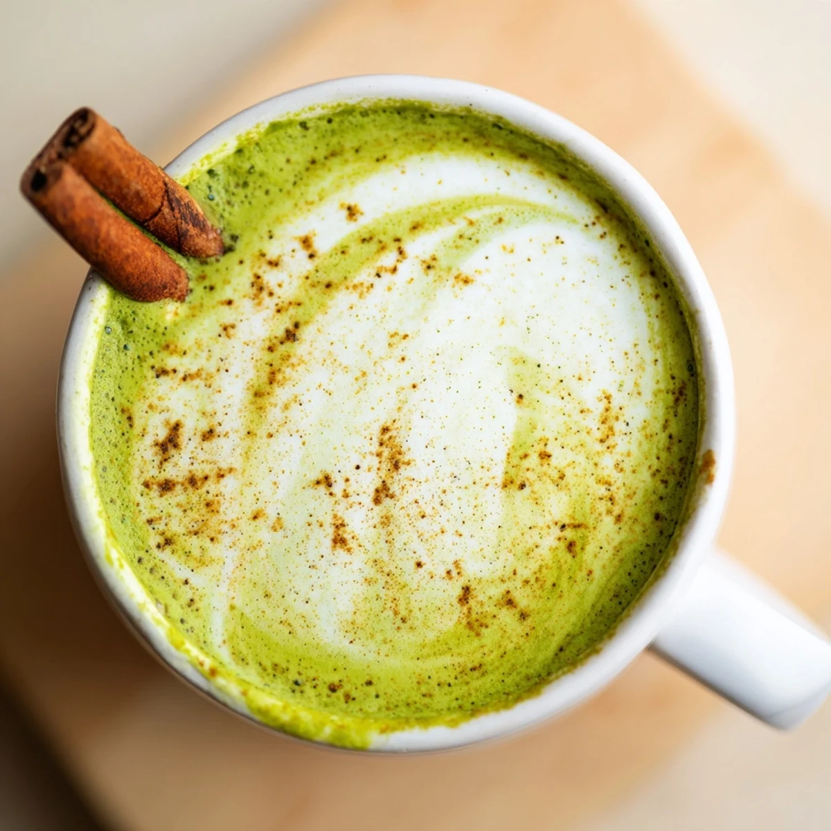 A steaming Maple Cinnamon Gingerbread Matcha Oat Latte, topped with cinnamon, ready to enjoy.
