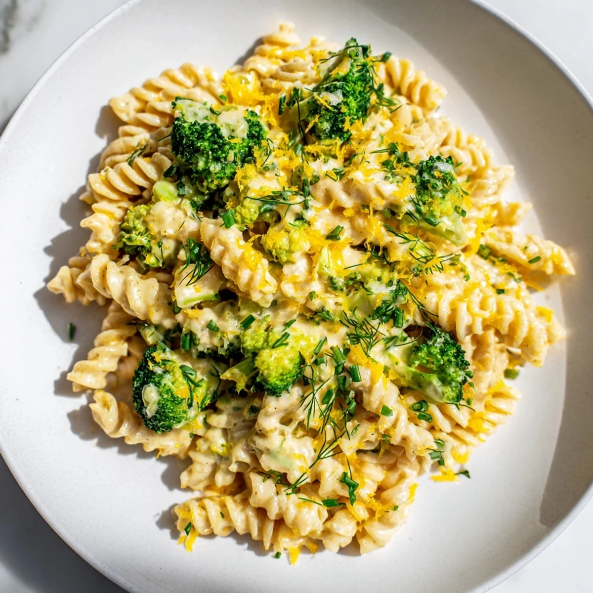 Green Goddess Broccoli Cheddar One-Pot Pasta bubbly in a pot, ready to be served.