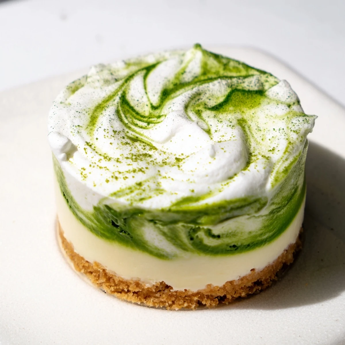 A close-up of beautifully swirled matcha cheesecake cups, displaying a perfect, chilled dessert.