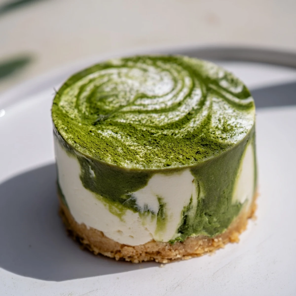 Creamy matcha swirl cheesecake cups, with a crisp cookie base, and topped with whipped cream.