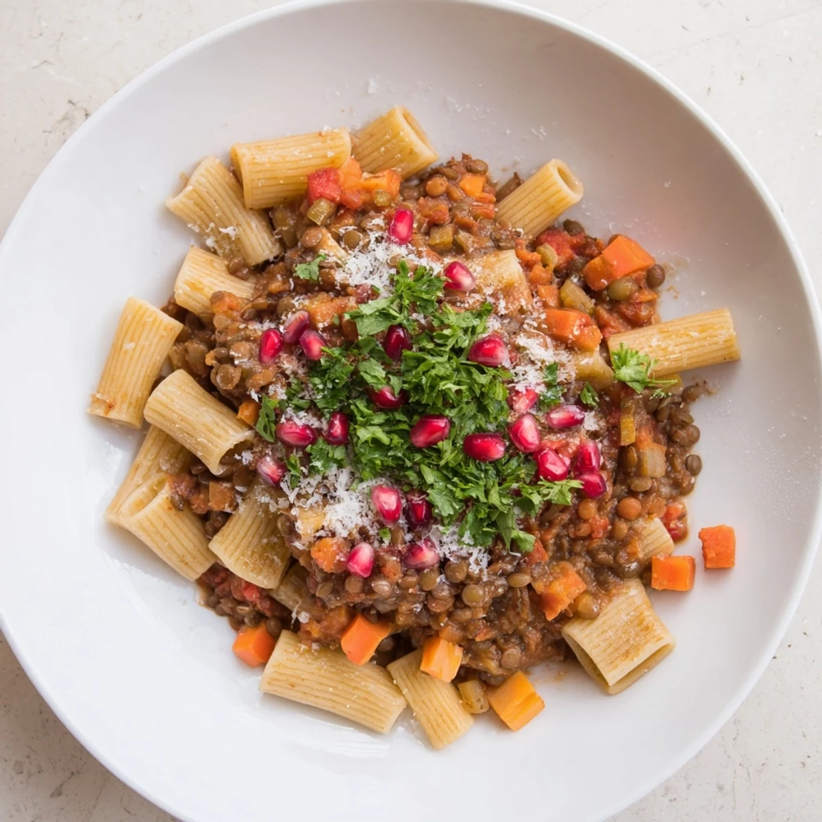Steaming hot bowl of High-Fiber Lentil Bolognese Cozy Christmas Pasta, garnished with fresh parsley and pomegranate seeds.