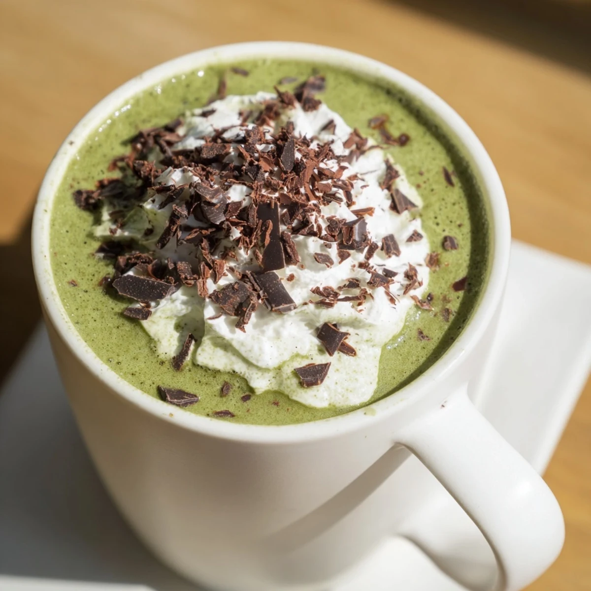 Steaming Matcha Hot Cocoa Protein Mug topped with whipped cream and rich chocolate shavings for a delicious treat.