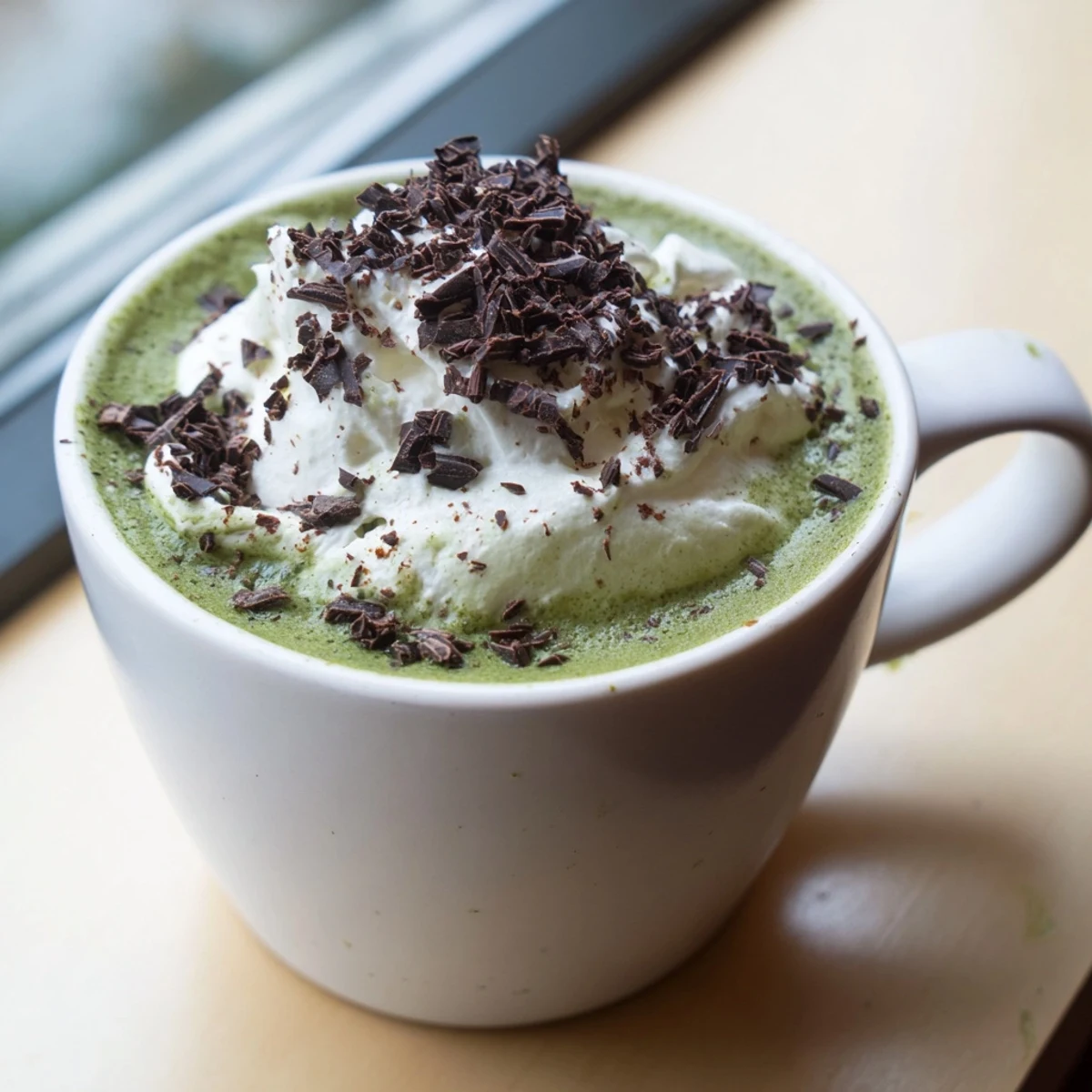 A vibrant close-up shows a frothy Matcha Hot Cocoa Protein Mug, a perfect warm, healthy breakfast option.