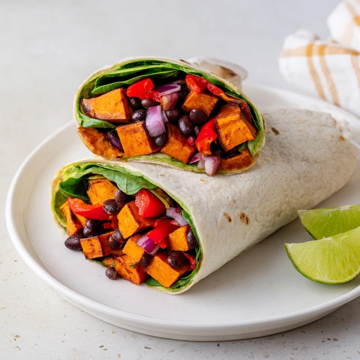 Warm, colorful Roasted Sweet Potato & Black Bean Holiday Wrap with veggies, ideal for a festive dinner.