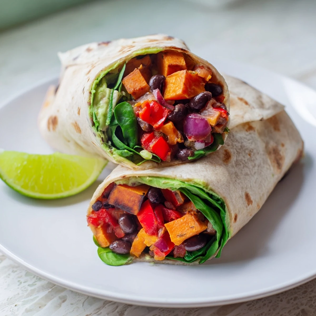 Close-up of a delicious and satisfying Roasted Sweet Potato & Black Bean Holiday Wrap, ready to be eaten.