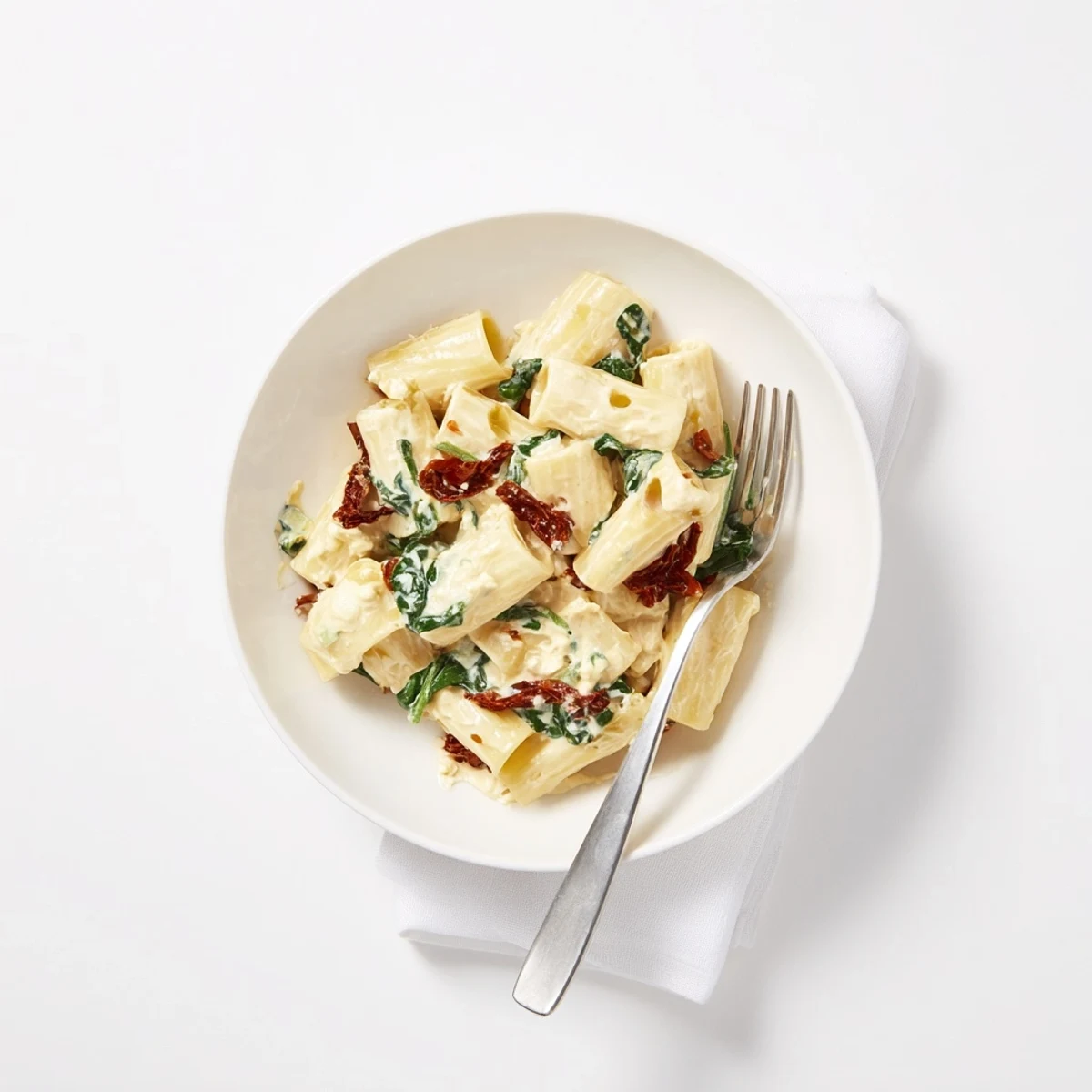 A bowl of Creamy Sun-Dried Tomato Spinach Cottage Cheese Pasta, garnished with fresh basil.
