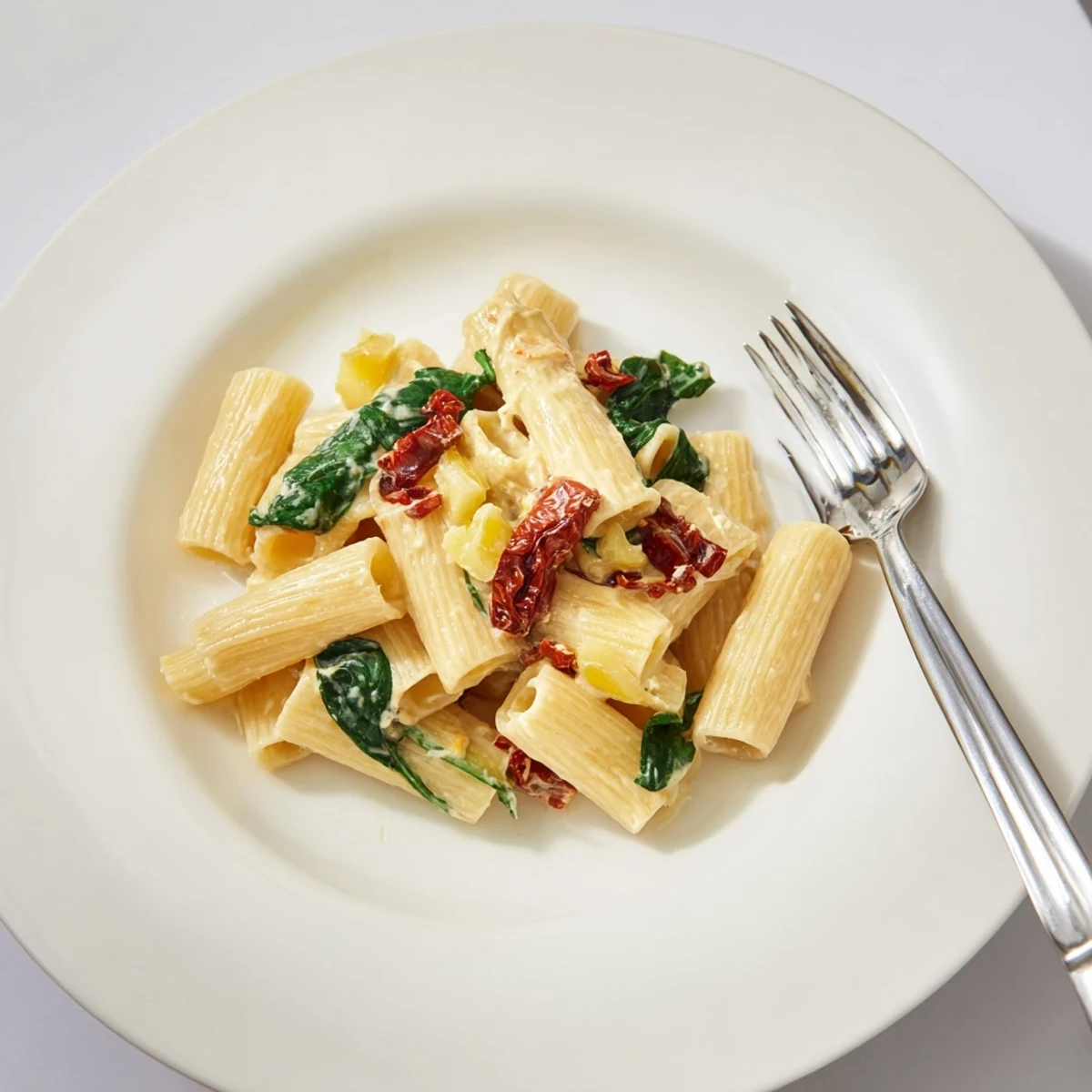 Delicious, creamy Creamy Sun-Dried Tomato Spinach Cottage Cheese Pasta, perfect for a cozy dinner.
