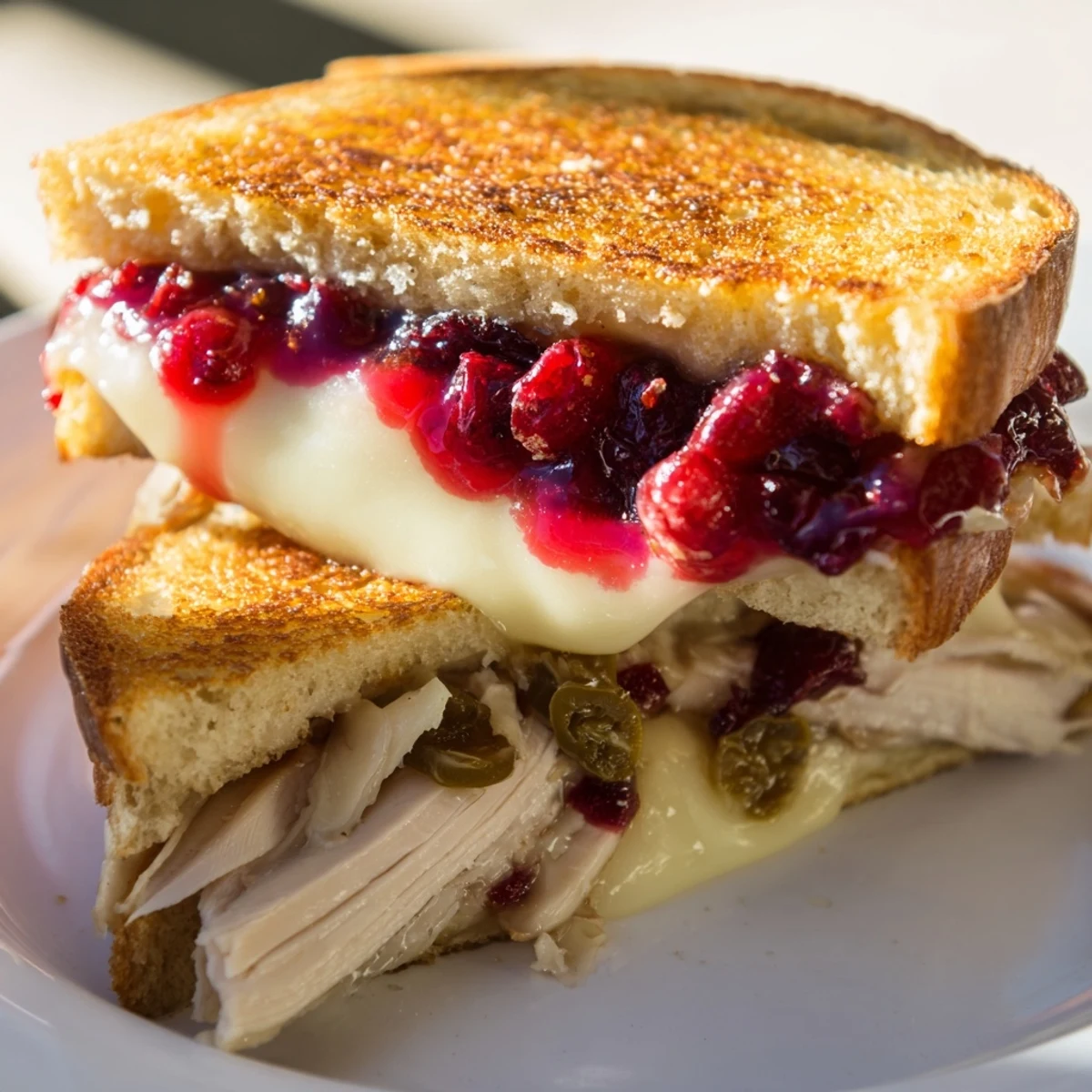 A close-up shot of the Air Fryer Jalapeño Cranberry Turkey Grilled Cheese, with visible spicy jalapeños.