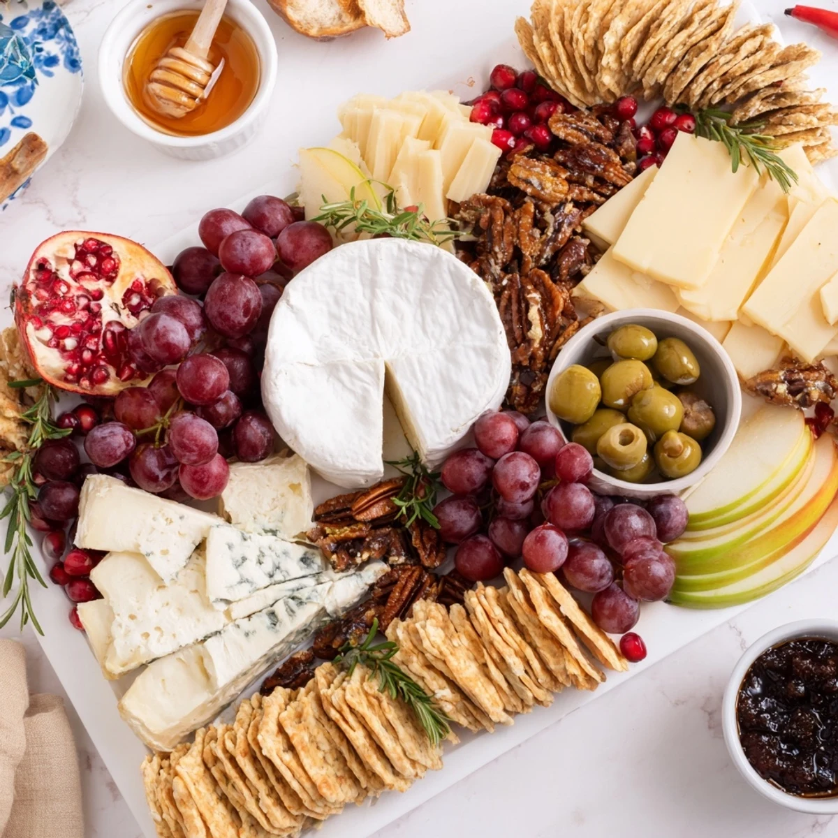 A generous Jingle Bell Cheese Board with an array of cheeses, fruits, and crackers perfect for sharing.
