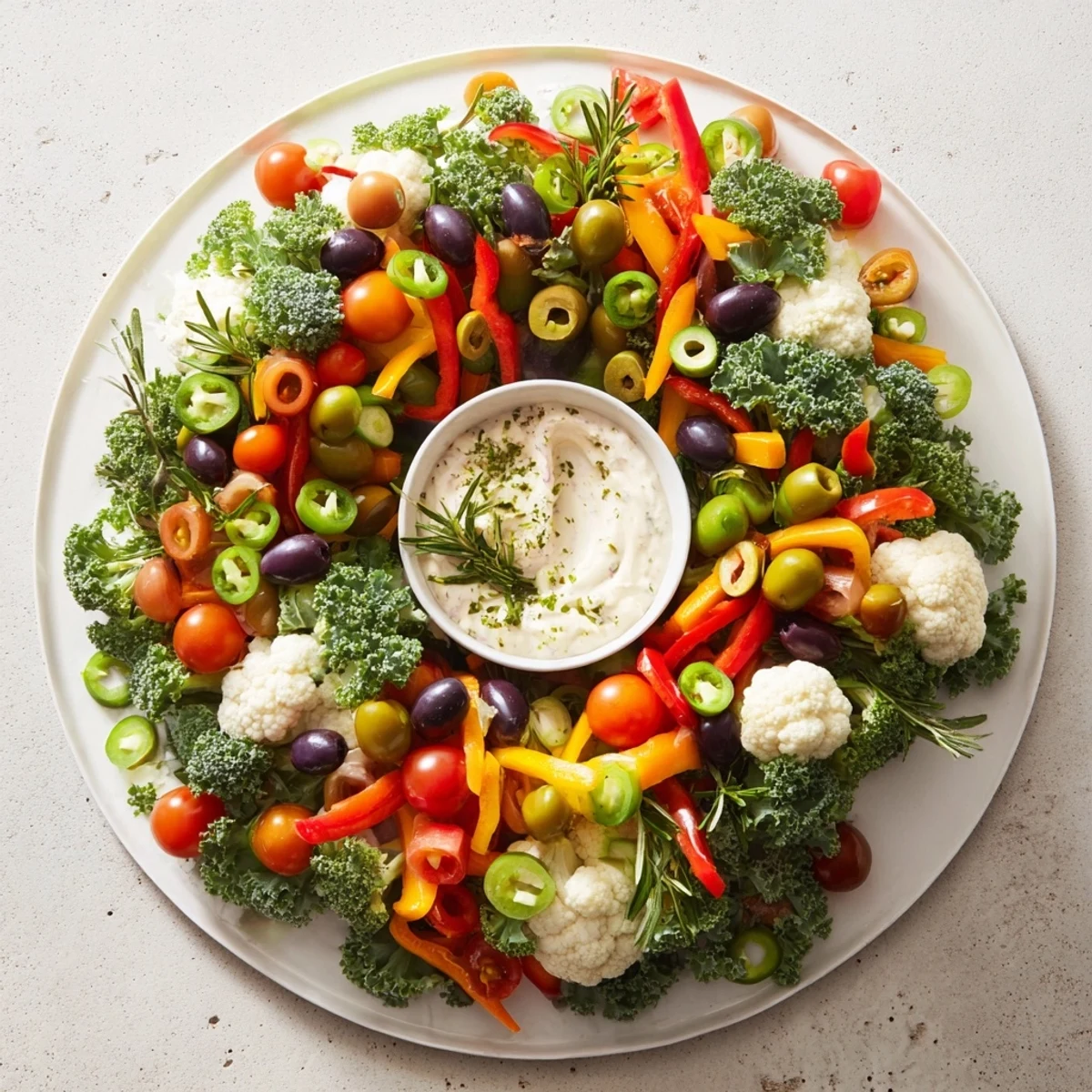 Festive Garland Veggie Wreath: a colorful vegetarian appetizer with fresh vegetables and flavorful dip.