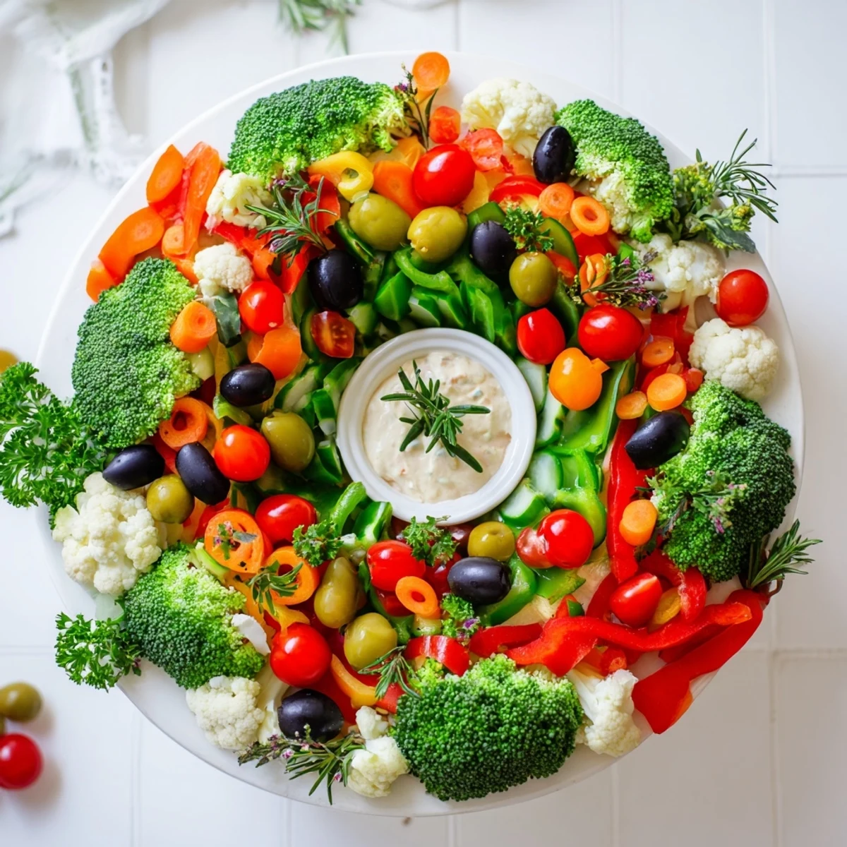 Beautiful Garland Veggie Wreath: featuring a ring of fresh vegetables and a dip, perfect for gatherings.