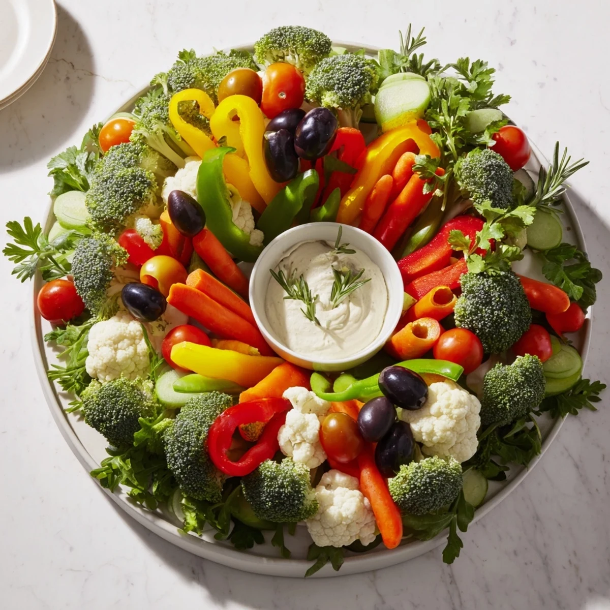 Vibrant Garland Veggie Wreath: a healthy platter of colorful, raw vegetables ready to serve and enjoy.