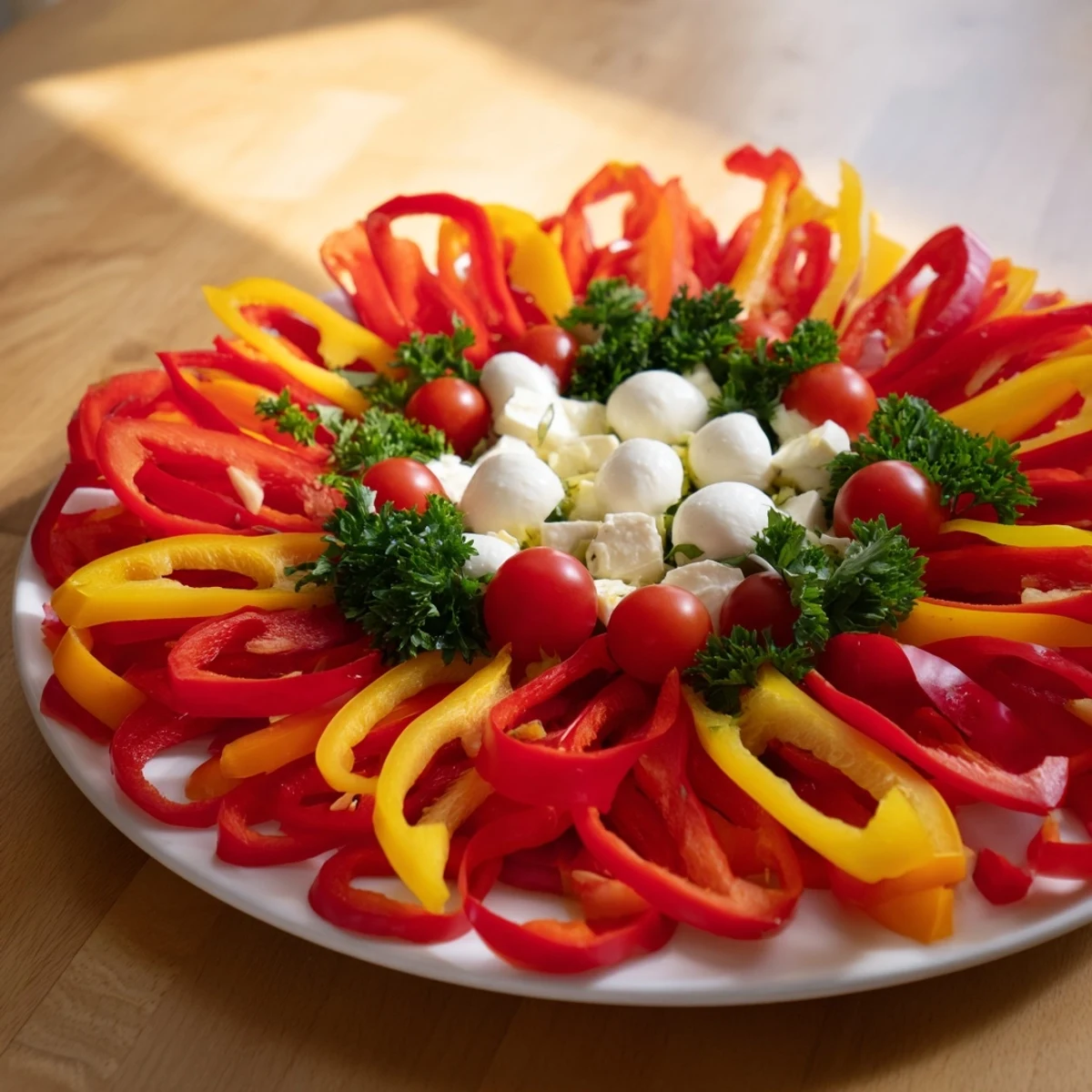 Beautifully arranged Festive Poinsettia Platter, loaded with colorful vegetables, cheeses, and dips to enjoy.