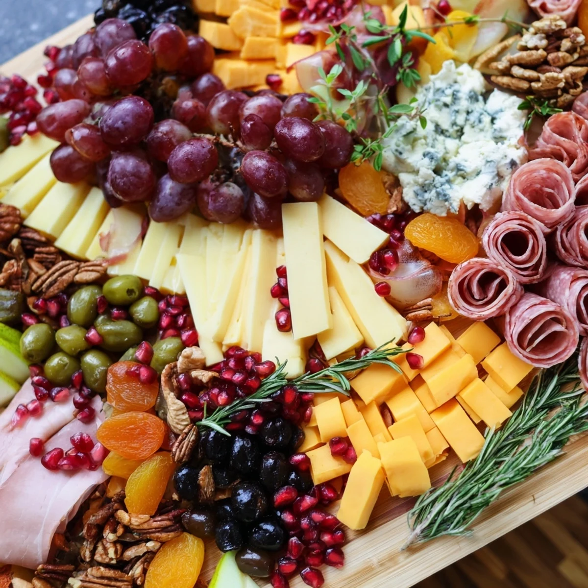 A beautifully arranged Sleigh Ride Charcuterie board with cheeses, meats, and colorful fruits for holiday entertaining.