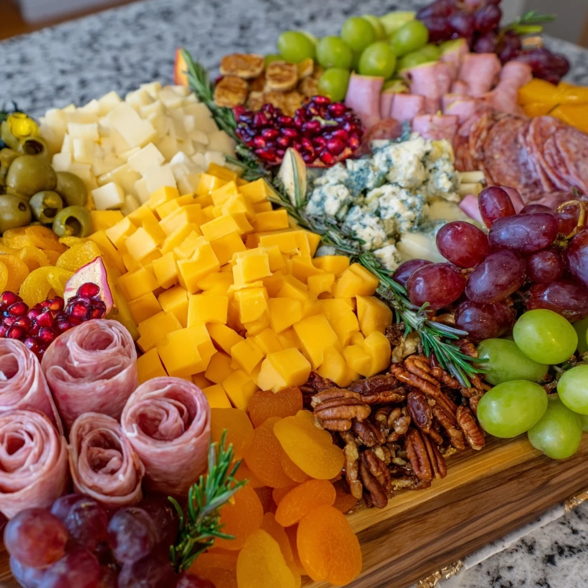 Festive Sleigh Ride Charcuterie board glistening with fresh grapes, creamy brie, and savory cured meats perfect for holiday enjoyment.