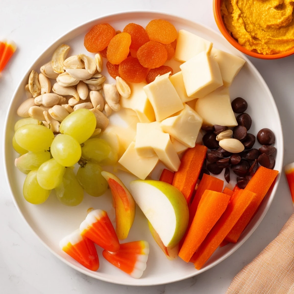 A colorful Pumpkin Patch Snack Board overflowing with cheddar, gouda, and fresh fall treats.
