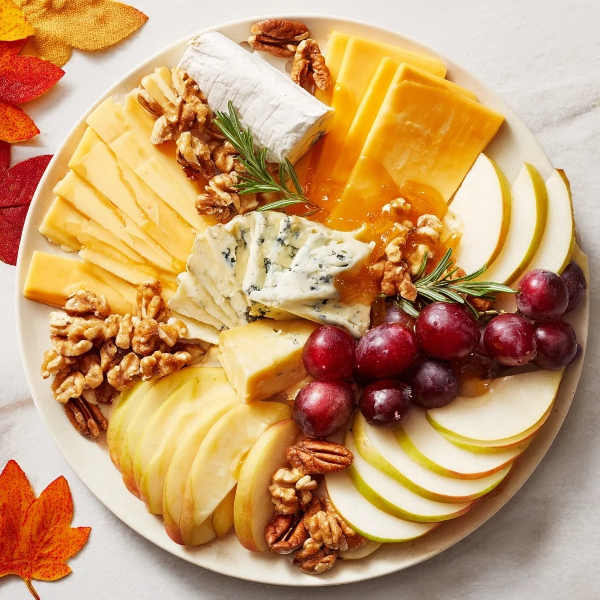 Vibrant Autumn Leaf Cheese Platter, a delightful collection of cheeses surrounded with fresh fruit and nuts.