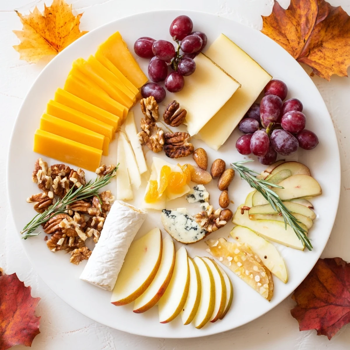 Gorgeous Autumn Leaf Cheese Platter, featuring a cheese board overflowing with delicious snacks and fresh ingredients.