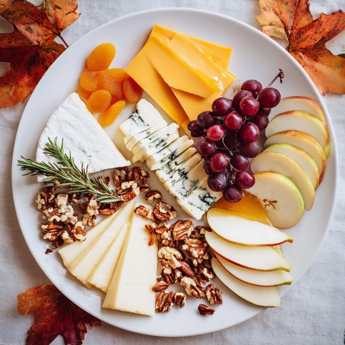 An elegant Autumn Leaf Cheese Platter, showcasing creamy brie and cheddar with seasonal fall garnishes.