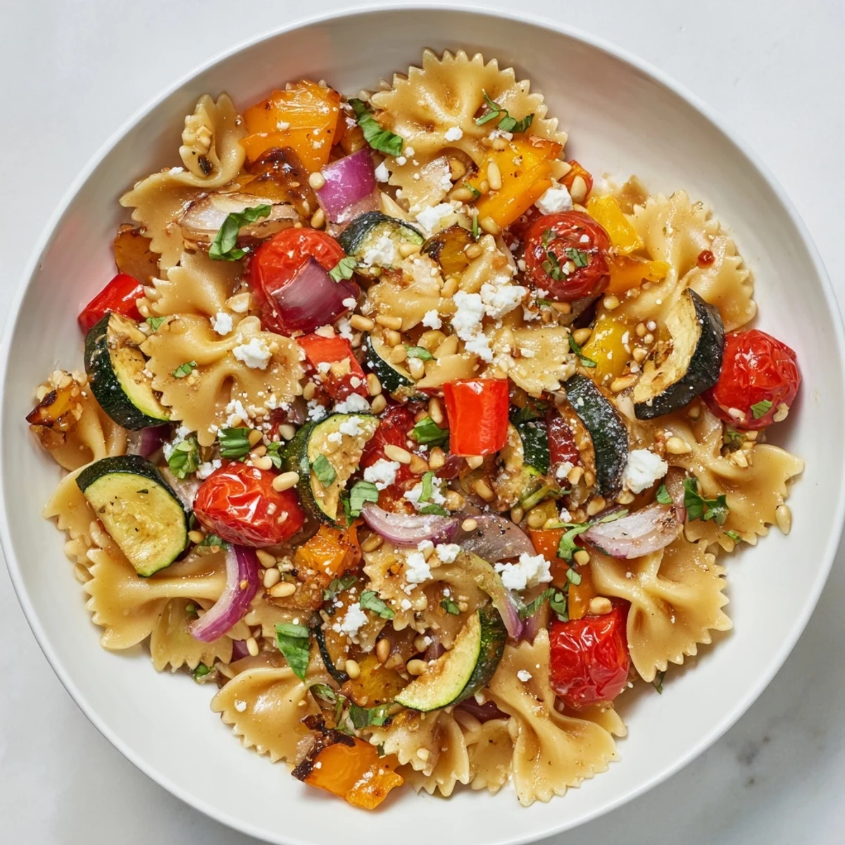 Festive Bow Tie Pasta Platter: Colorful roasted vegetables mingle with bow tie pasta, ready to serve and enjoy.