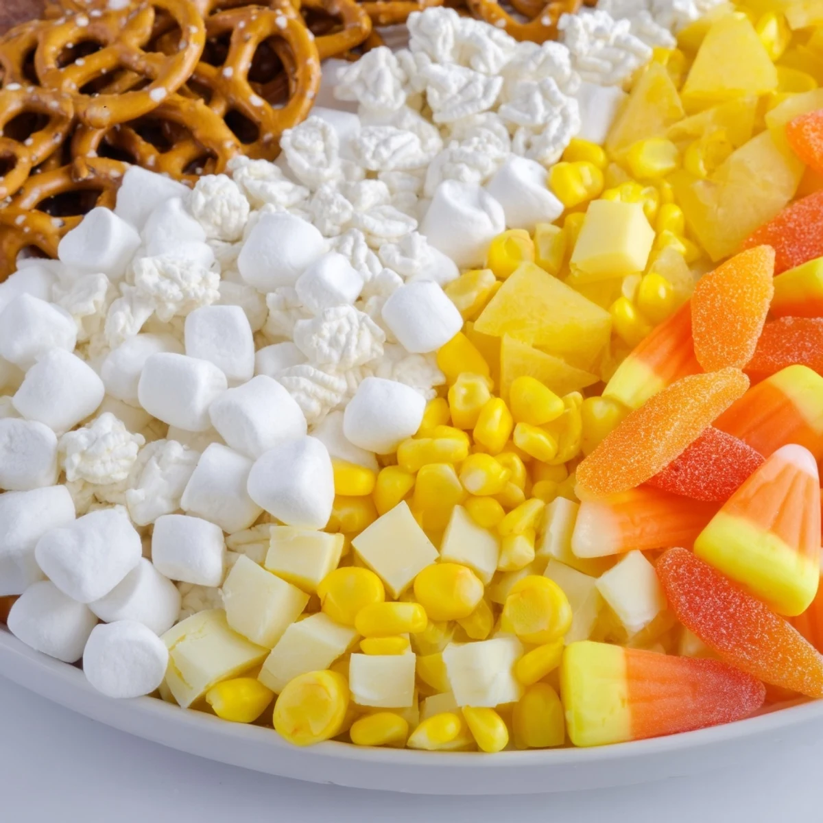 A delicious candy corn spooky board, featuring sweet and salty treats arranged in a fun, tri-color pattern.