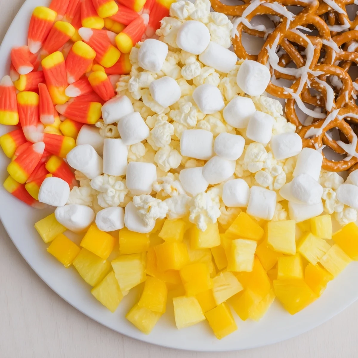 Festive candy corn spooky board with colorful sweets and savory snacks, perfect for Halloween gatherings.