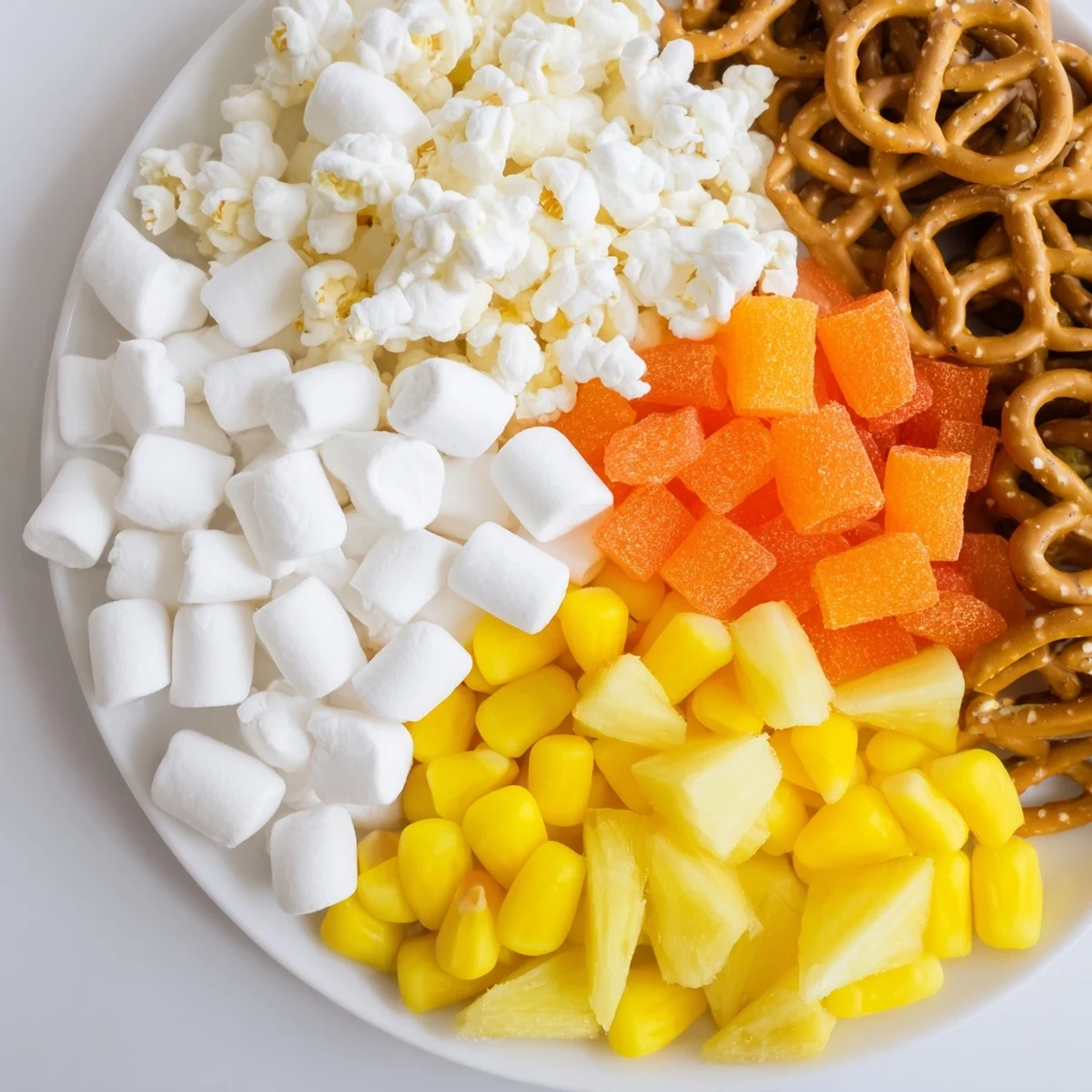 Visually appealing candy corn spooky board with orange, white and yellow snacks ready to be devoured at a party.