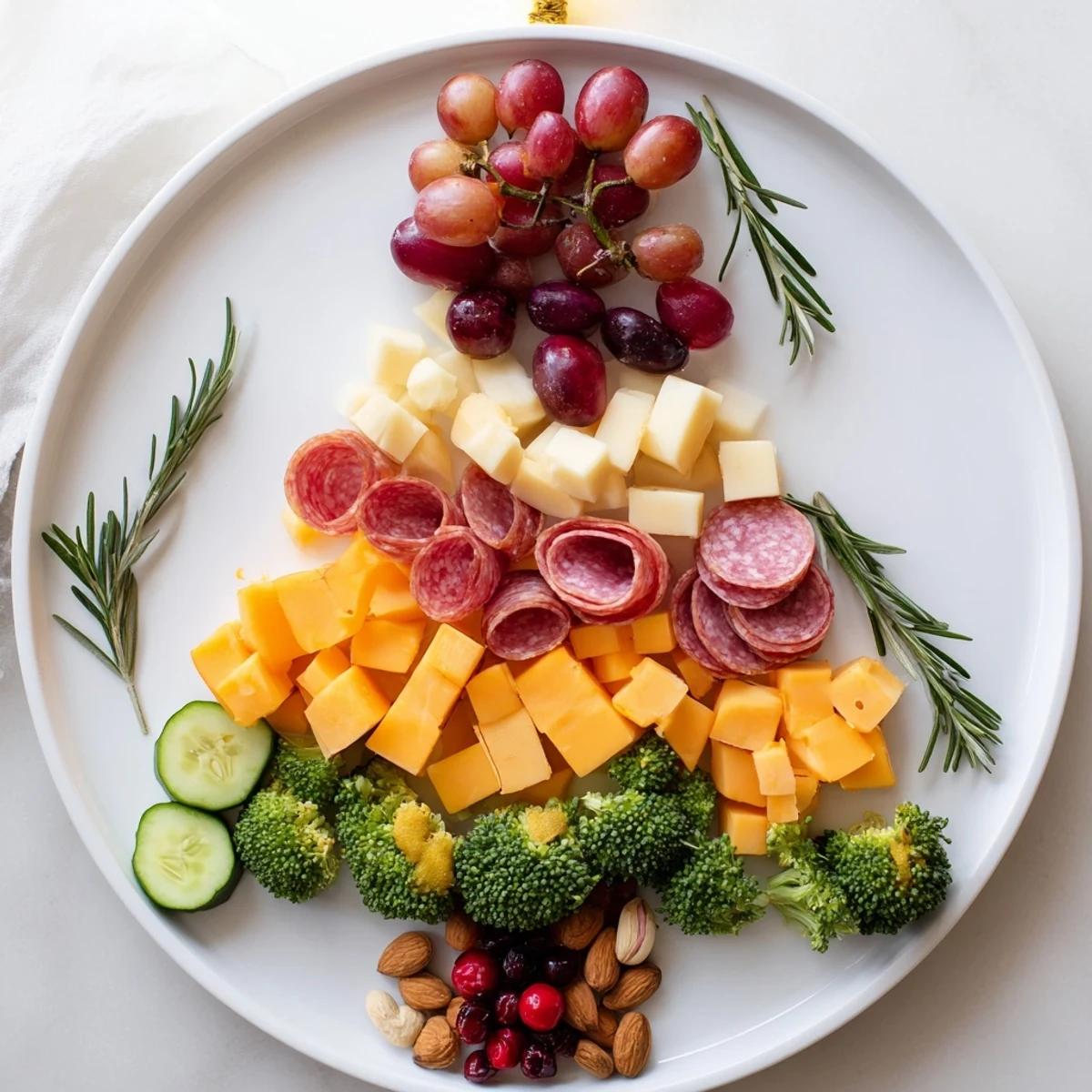Delicious Evergreen Tree Snack Board arrangement features salami, grapes, and cheddar, visually arranged as a tree.
