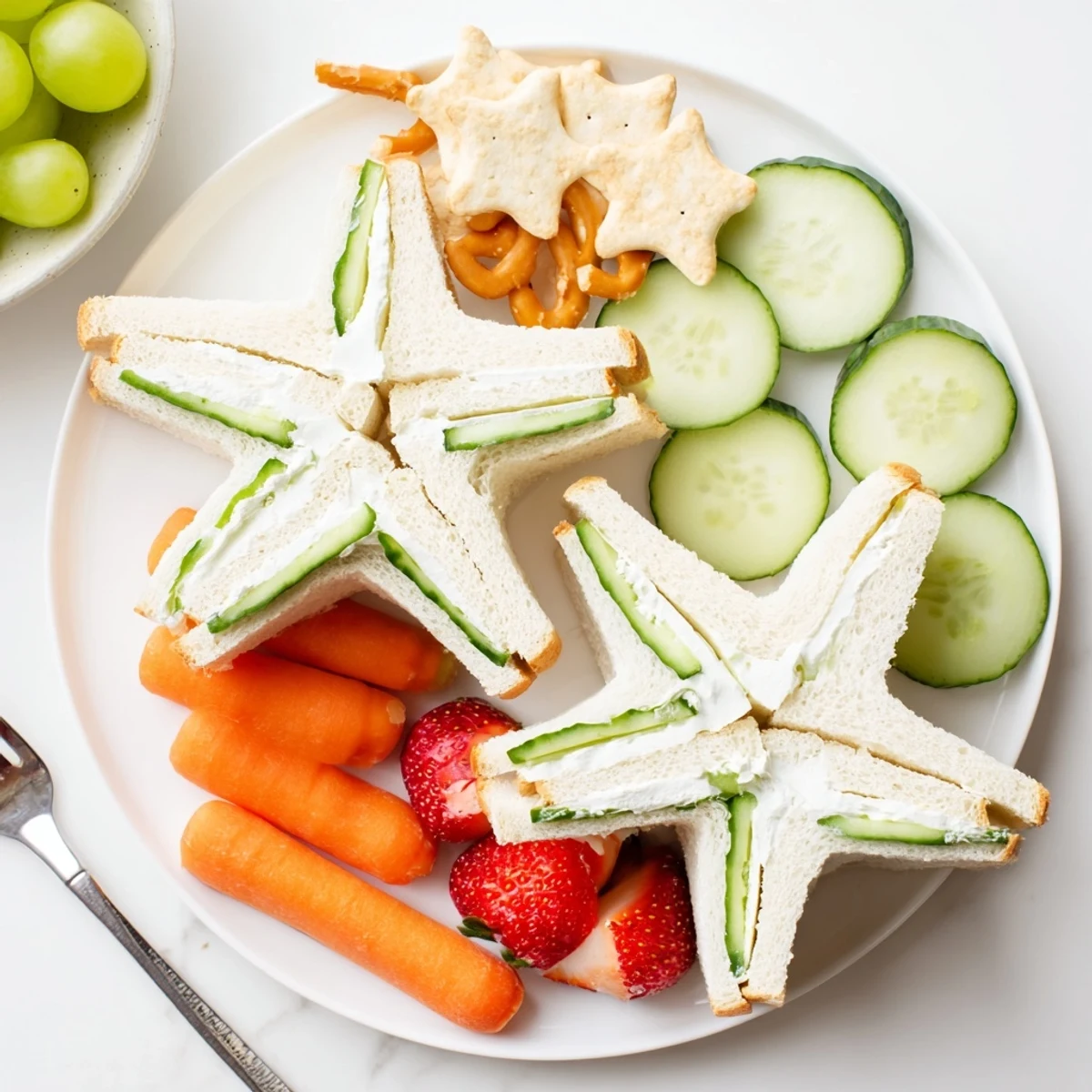 Enjoy the delicious Beach Day Starfish Snack spread featuring starfish sandwiches, fruits, and snacks.