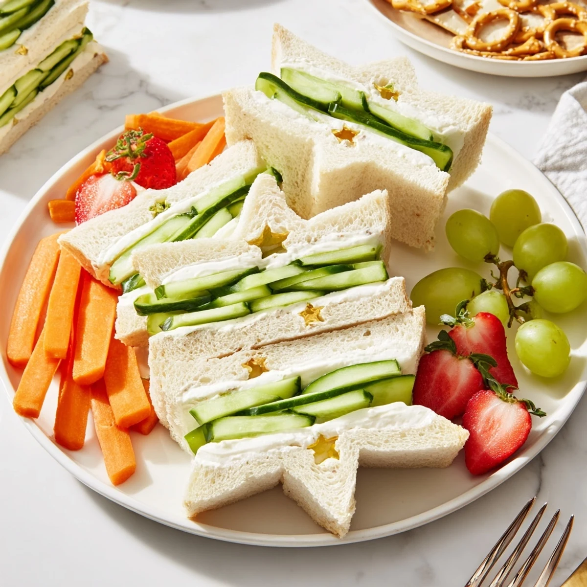 A colorful platter showing the whimsical Beach Day Starfish Snack spread alongside fresh treats!