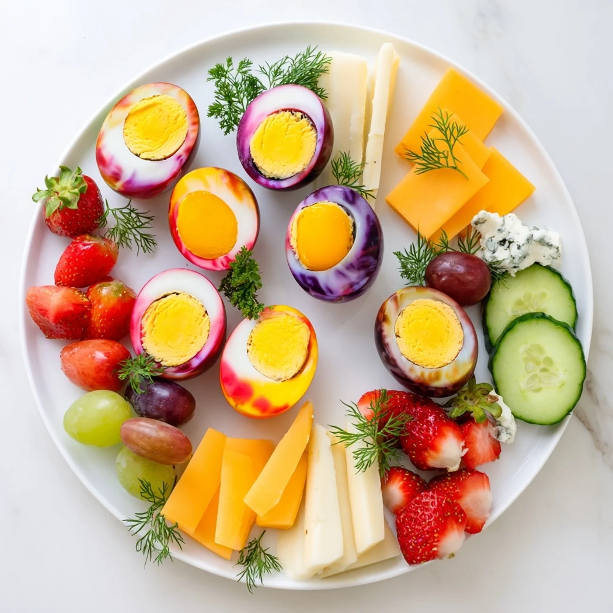 A delectable Easter Egg-cellent Brunch Board showcasing hard-boiled eggs, fresh fruit, cheeses and spreads; a visual feast.