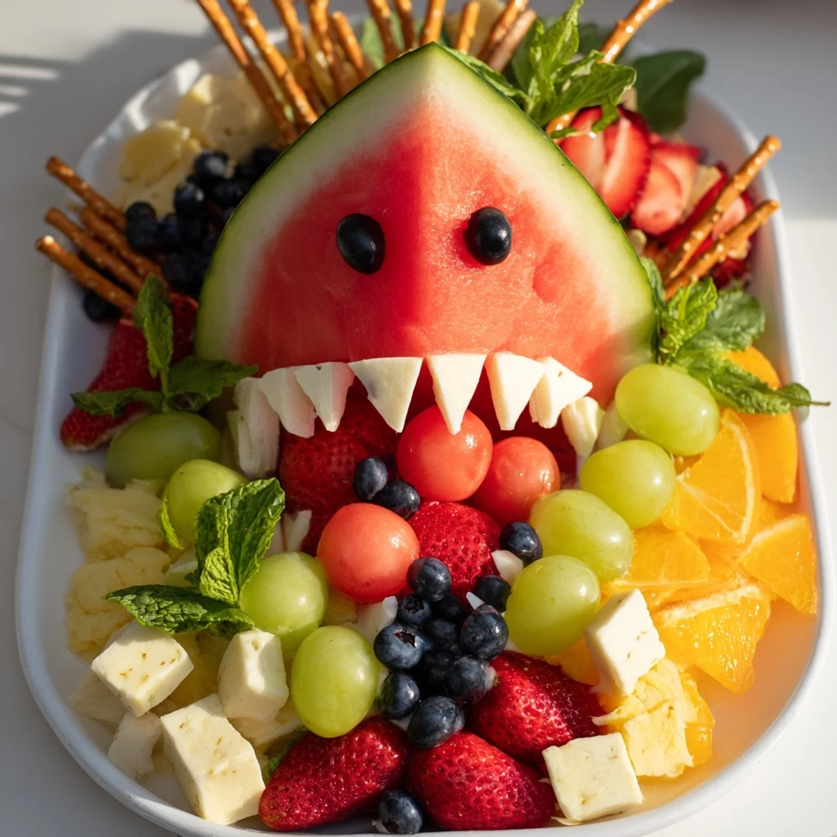 A cool view of a Watermelon Wave Shark Snack Board, a healthy, colorful party platter for kids.