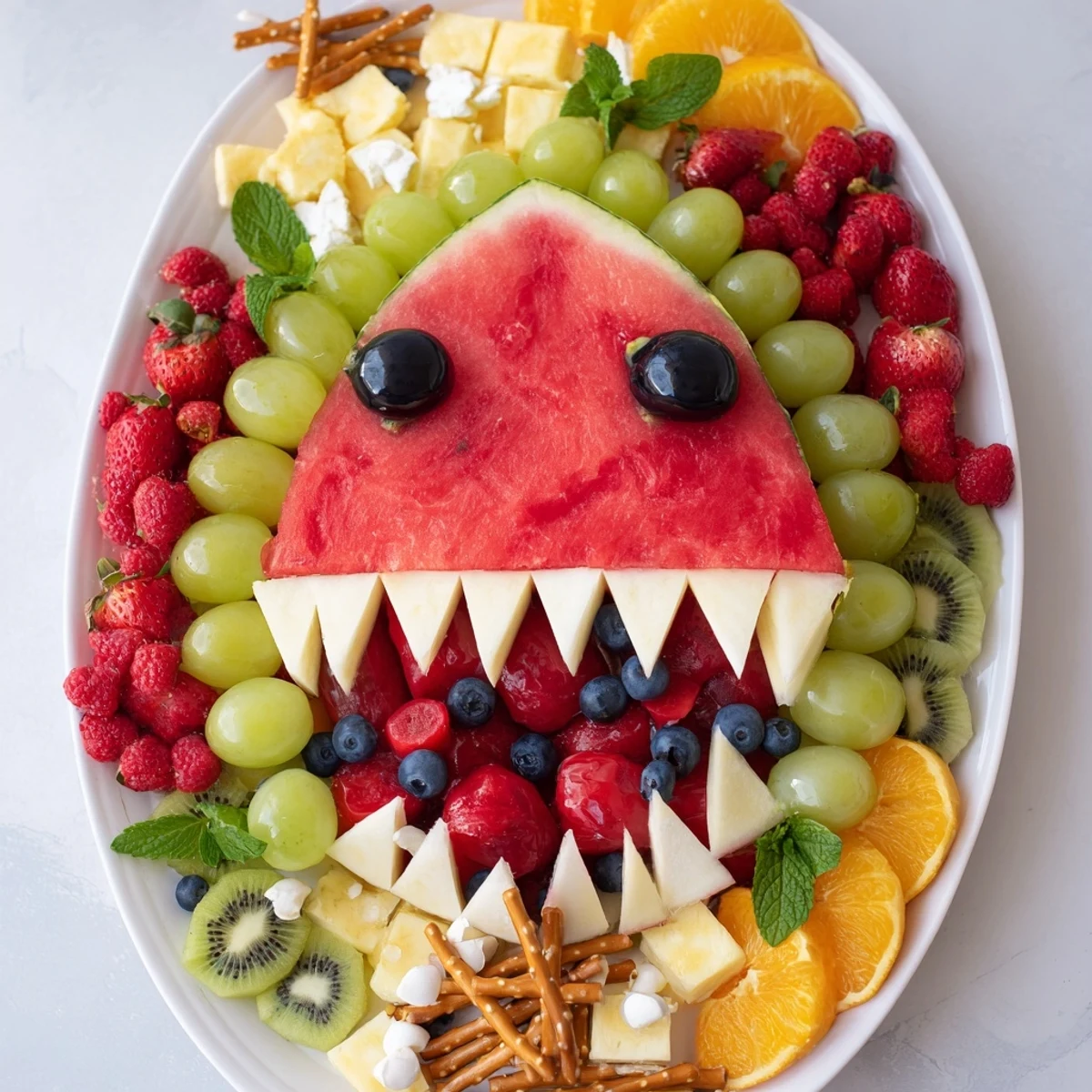 Vibrant Watermelon Wave Shark Snack Board overflowing with juicy fruits, perfect for summer fun.