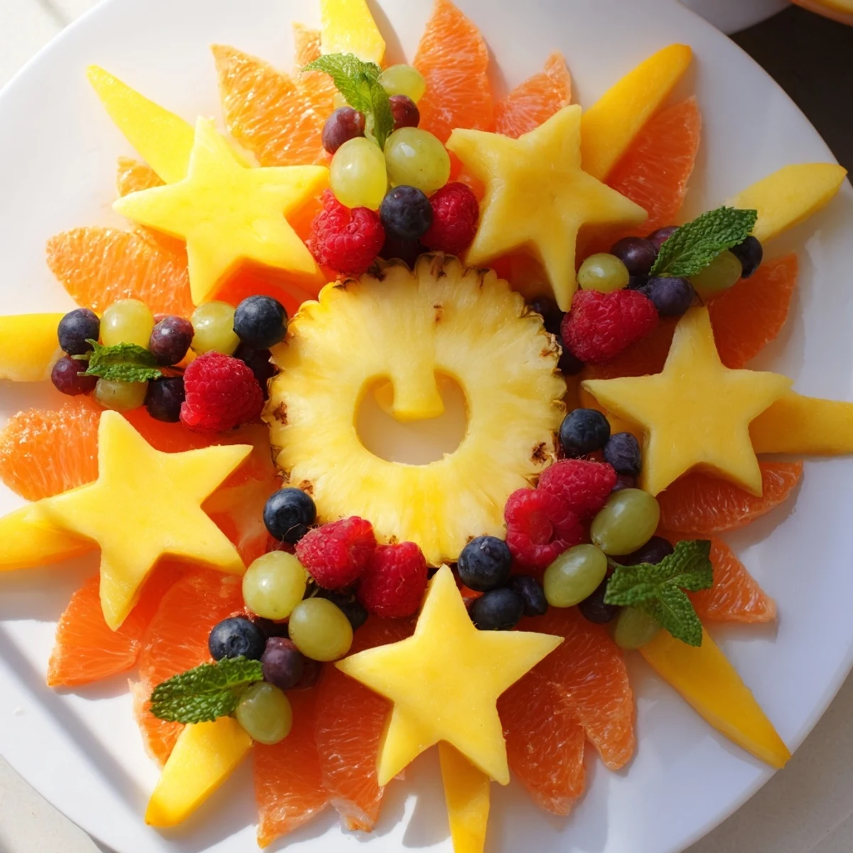 Freshly arranged Summer Rays Sun-Shaped Fruit Tray, featuring oranges, grapes, and a sunny pineapple face.